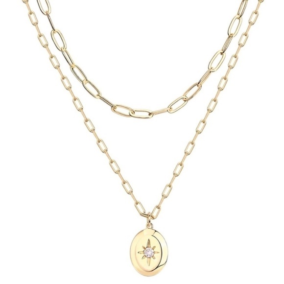 GOLD 14k Gold Plated Chain Layered Pendant Cubic Zirconia Necklace - Picture 2 of 2